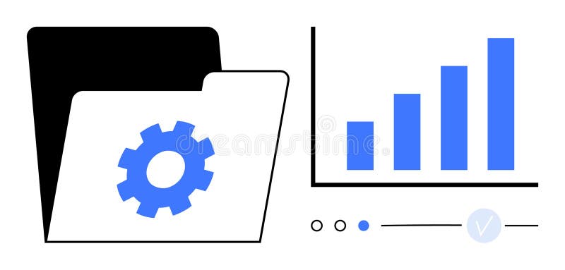 Data File with Gear Wheel Icon and Bar Graph Visualizing Information Processing and Analysis stock illustration