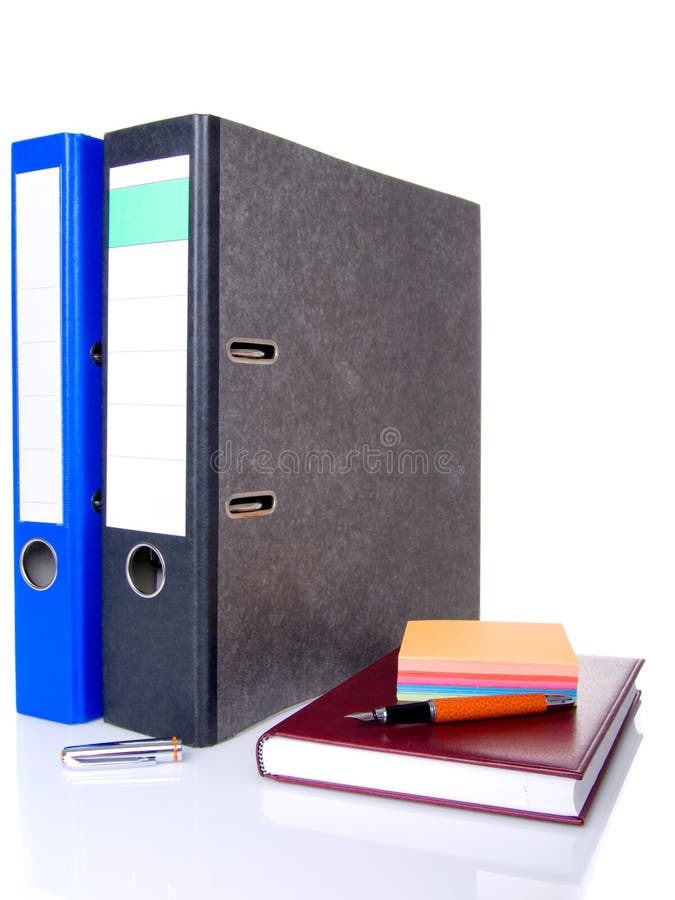 File folder, notebook, notes block and pen