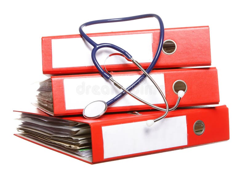 File folders with stethoscope isolated on white stock photo