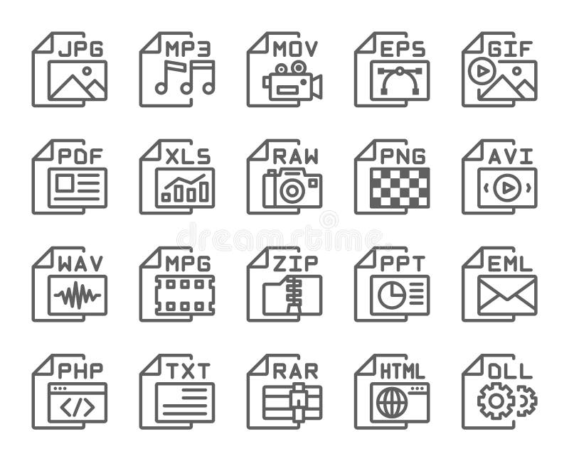 File format type outline icons set . Editable stroke . 48 x 48 pixel perfect