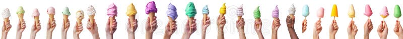 The file includes a hand holding pastel rainbow ice cream double triple scoop on a waffle cone on a transparent royalty free stock image