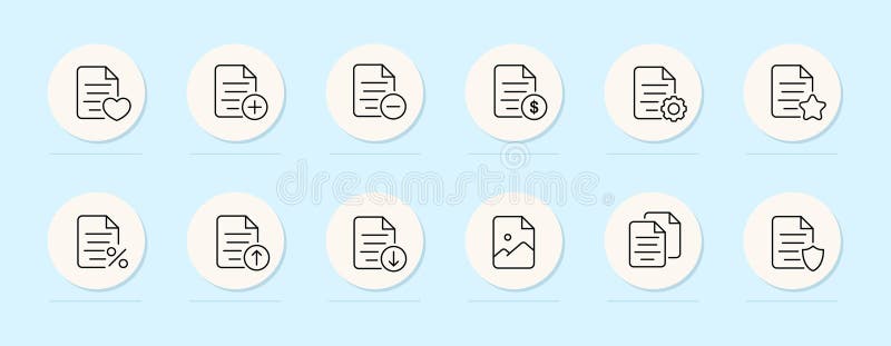 File line icon. Plus, minus, information, settings, data security, heart, favorites. Pastel color background. Vector line icon for stock illustration