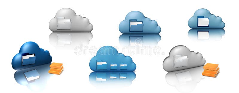File storage. Group of blue and gray clouds with folder and books. 3d illustration computer icon isolated on white. Cloud computin royalty free illustration File storage. Group of blue and gray clouds with folder and books. 3d illustration computer icon isolated on white. Cloud computin royalty free illustration