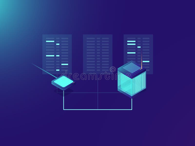 File transfer process, processing big data, server room, data center, cloud storage concept, internet conection, network stock illustration