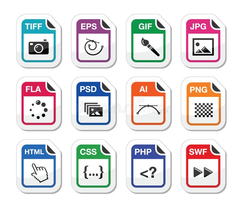 File type black icons as labels - graphics, coding. Web file types icons set - jpg, psd, html, css