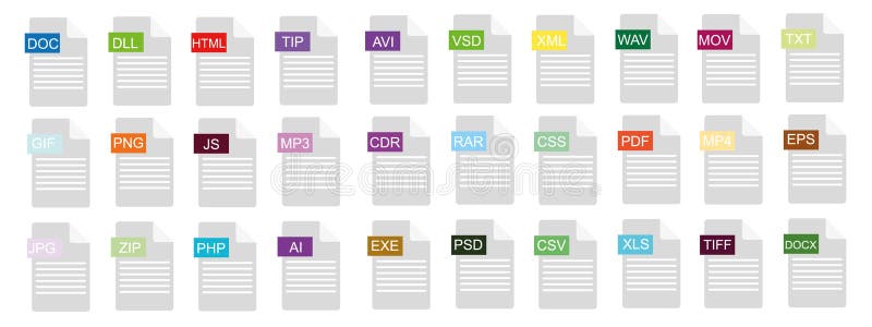 File type icons. Format and extension of documents. Set of pdf, doc, excel,  png, jpg, psd, gif, csv, xls, ppt, html, txt and others. Icons for download  on computer. Graphic templates for