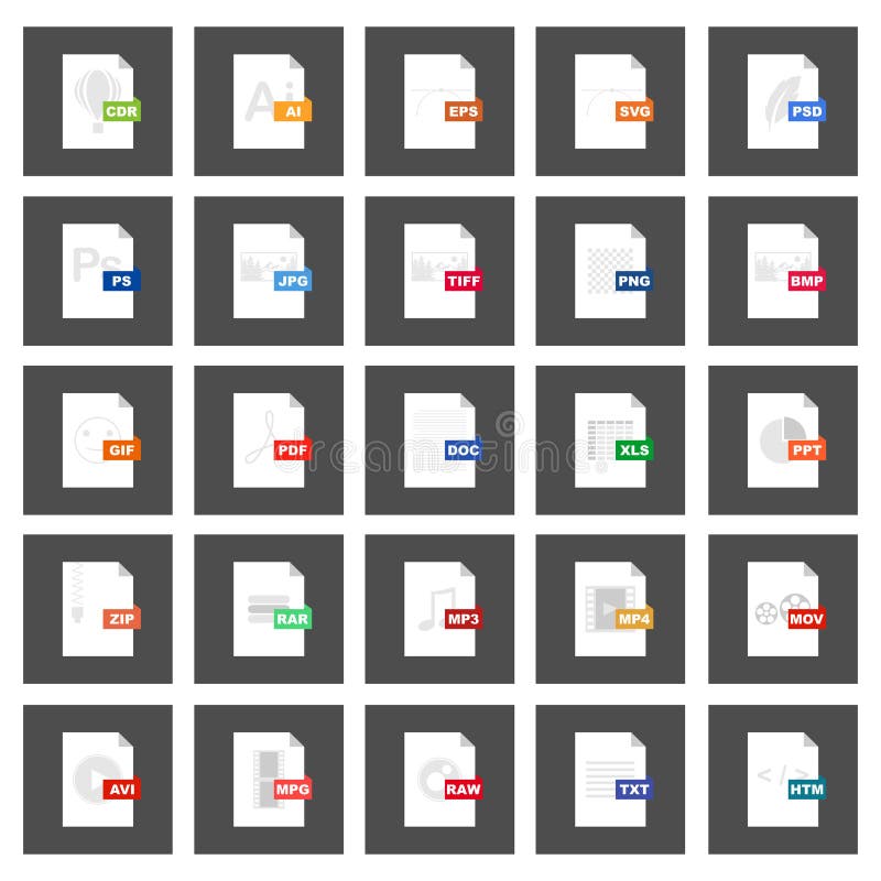 File type icons. Format and extension of documents. Set of pdf, doc, excel,  png, jpg, psd, gif, csv, xls, ppt, html, txt and others. Icons for download  on computer. Graphic templates for