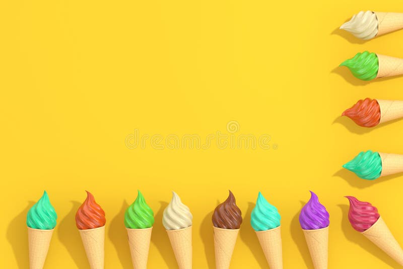Row of Multicolour Soft Serve Ice Cream in Waffle Crispy Ice Cream Cone on a yellow background. 3d Rendering. Row of Multicolour Soft Serve Ice Cream in Waffle Crispy Ice Cream Cone on a yellow background. 3d Rendering