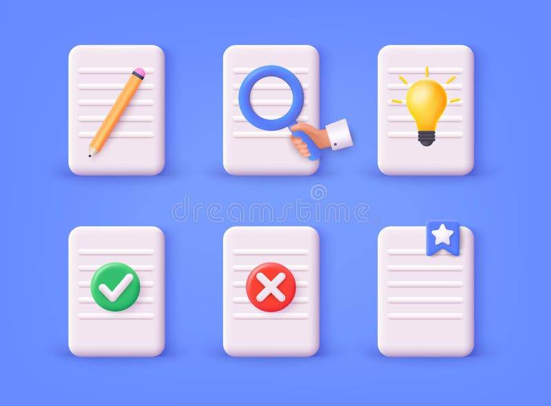 Files 3D Big Set. Document file icons. Search, pen, lightbulb,. 3D Web Vector Illustrations royalty free illustration