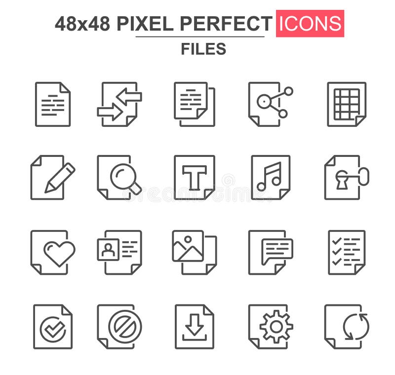 Files thin line icon set. Document lock, edit, delete, processing, search, preferences, media content unique icons royalty free illustration