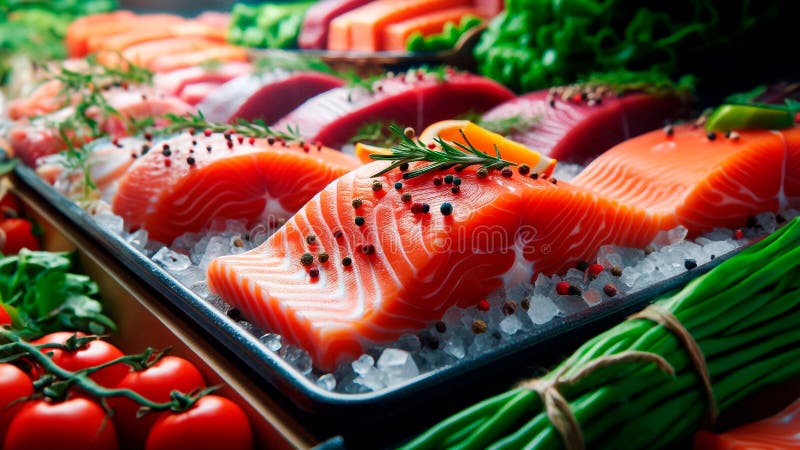 Filet de saumon cru sur une étagère de supermarché. ai généré