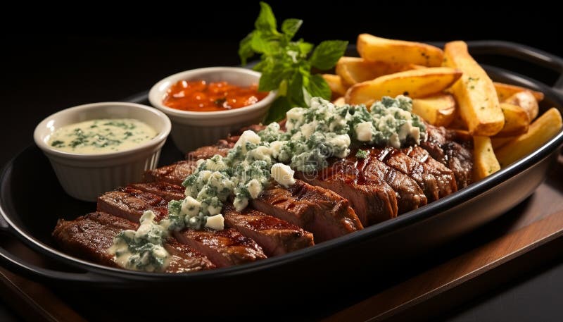 Filete de buey a la parrilla con ensalada de patatas fritas y salsa salada generada por ai foto de archivo libre de regalías