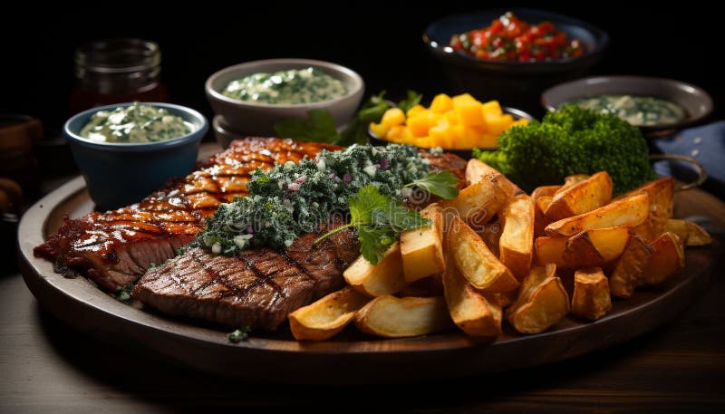 Filete de buey a la parrilla con verduras frescas en plato de madera generado por ai fotografía de archivo