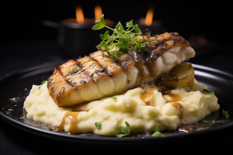 Filete de pescado a la parrilla acompañado de puré cremoso de patatas con salsa y hierbas frescas en un marco poco luminoso fotografía de archivo libre de regalías