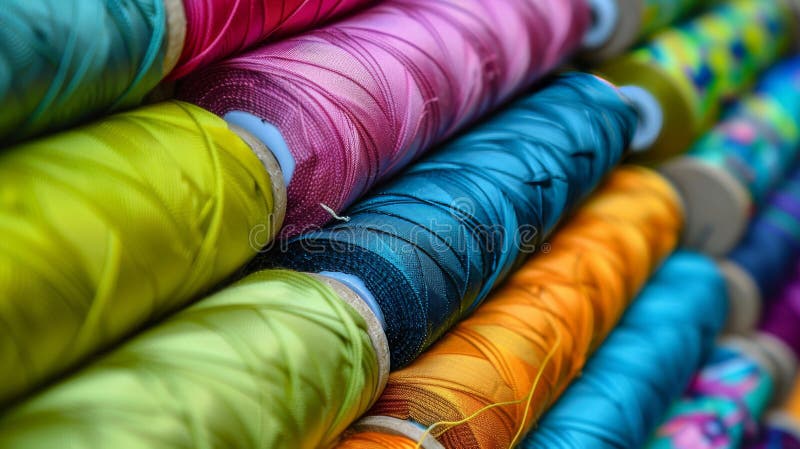 Filettature colorate di cotone assortite su bobine per cucire e intricate opere di ricamo illustrazione di stock