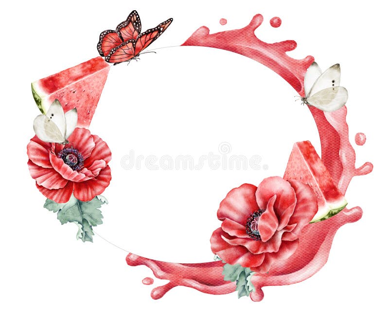 Filetti di cocomero per filamenti di cocomero, filamenti di cocomero rosso e papavero rosso fiorito. Fresco royalty illustrazione gratis
