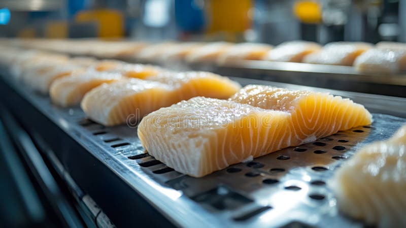 Filetti di salmone freschi su nastro trasportatore presso un impianto di trasformazione del pesce illustrazione vettoriale