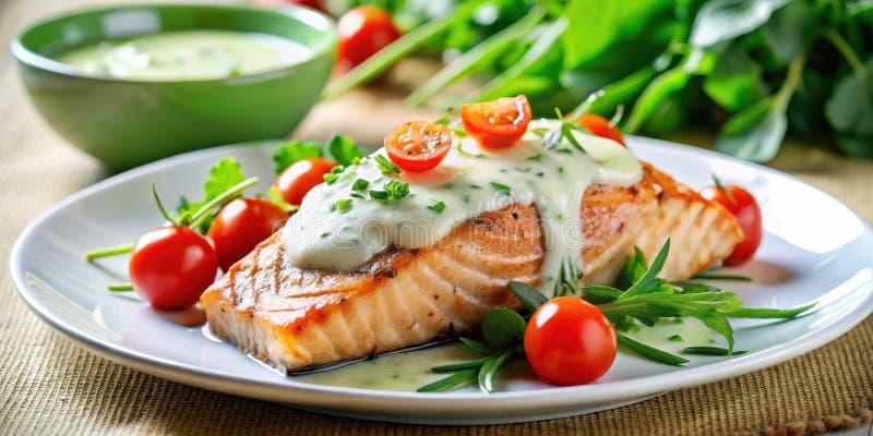 Filetto di salmone grigliato con salsa di erbe cremose, sgranato con pomodori ciliegia e erbe fresche su una piastra bianca. Gener illustrazione vettoriale
