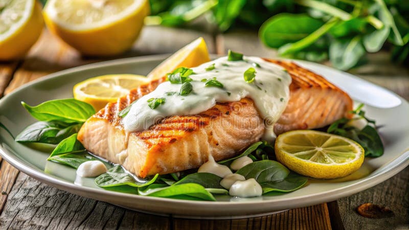 Filetto di salmone grigliato con salsa di erbe e cunei di limone su un letto di spinaci. Generative AI illustrazione di stock