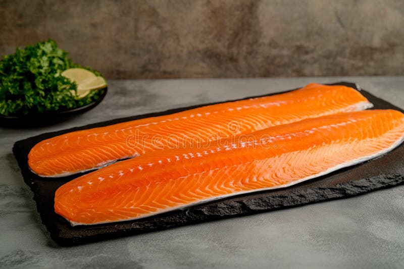 Fileuri proaspete de somon, gata pentru deliciul culinar pe un contratop elegant stock illustration
