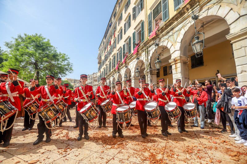 Corfu, Greece - April 27, 2019: Philharmonic musicians in the customary lament procession on the morning of Holy Saturday, at the old town of Corfu. Corfu, Greece - April 27, 2019: Philharmonic musicians in the customary lament procession on the morning of Holy Saturday, at the old town of Corfu