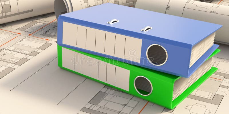 Filing folders on residential building project blueprint plans, 3d illustration royalty free illustration