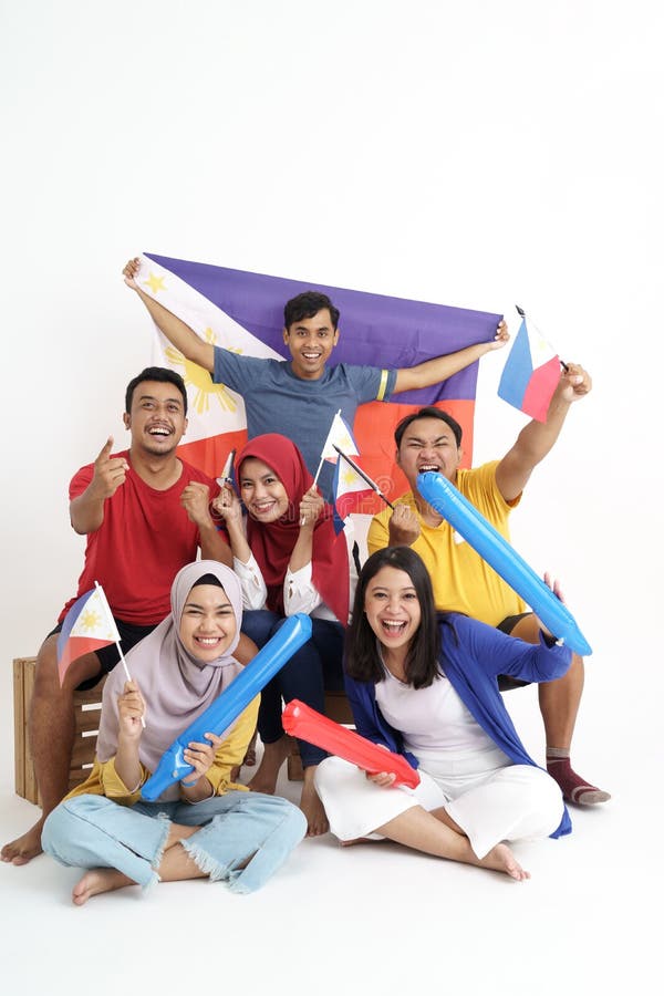 Filipino Group Of People Holding Philippines Flag Celebrating Stock Image Image Of Match