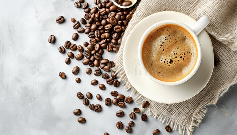 Filiżanka gorącego cappuccino z fasolą kawy i jutą na tle. wygenerowane przez ai.