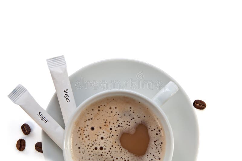 Good morning cheerfulness concept with cup of cappucino coffee, beans of coffea arabica, sugar isolated on white. Coffee culture concept. Good morning cheerfulness concept with cup of cappucino coffee, beans of coffea arabica, sugar isolated on white. Coffee culture concept.