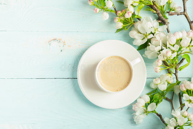 Filiżanka gorąca aromatyczna kawa i kwitnie gałąź jabłoń na drewnianym błękitnym tle P?aski uk?ad obrazy royalty free Filiżanka gorąca aromatyczna kawa i kwitnie gałąź jabłoń na drewnianym błękitnym tle P?aski uk?ad obrazy royalty free
