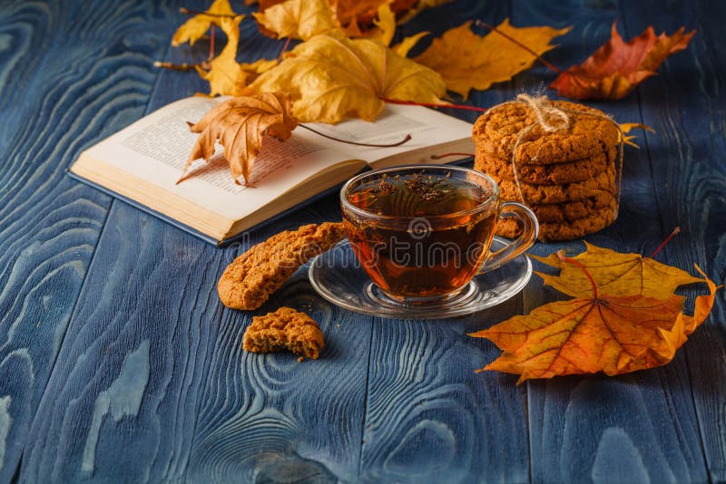 Filiżanka herbacianego dowcipu stara książka i jesień liście na drewnianym stole