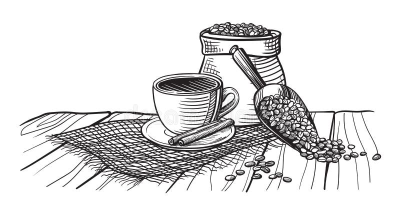 Filiżanka i kawowe fasole na drewno stole royalty ilustracja Filiżanka i kawowe fasole na drewno stole royalty ilustracja