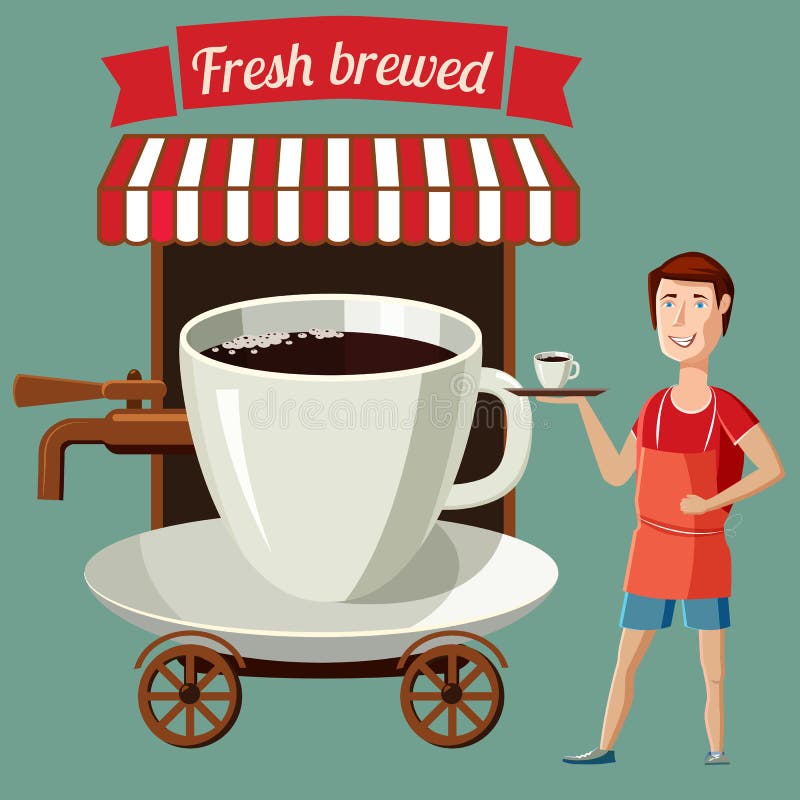Filiżanka kawy stylizował ulicznej kawiarni na kołach, barista, kreskówka ilustracji Filiżanka kawy stylizował ulicznej kawiarni na kołach, barista, kreskówka ilustracji