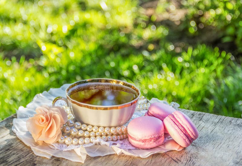 Filiżanka wieczór herbata w lato ogródzie Delikatni migdałowi macaroons i filiżanka herbata w pogodnym ogródzie fotografia royalty free Filiżanka wieczór herbata w lato ogródzie Delikatni migdałowi macaroons i filiżanka herbata w pogodnym ogródzie fotografia royalty free