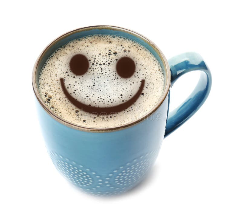 Filiżanka wyśmienicie gorąca kawa z pianą i uśmiech na białym tle Szczęśliwy ranek, dobry nastrój
