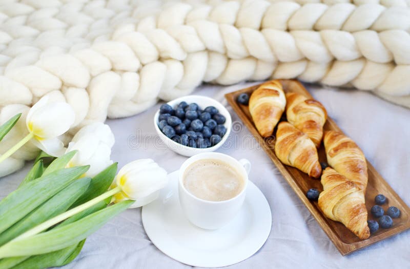 Filiżanka z cappuccino i croissants, jagody, biała pastelowa gigantyczna dzianiny koc zdjęcie stock Filiżanka z cappuccino i croissants, jagody, biała pastelowa gigantyczna dzianiny koc zdjęcie stock