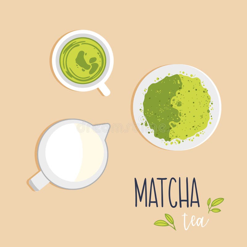 Filiżanka zielona Matcha herbata z mleko miotaczem i sproszkowana Matcha herbata na spodeczku Odgórny widok royalty ilustracja
