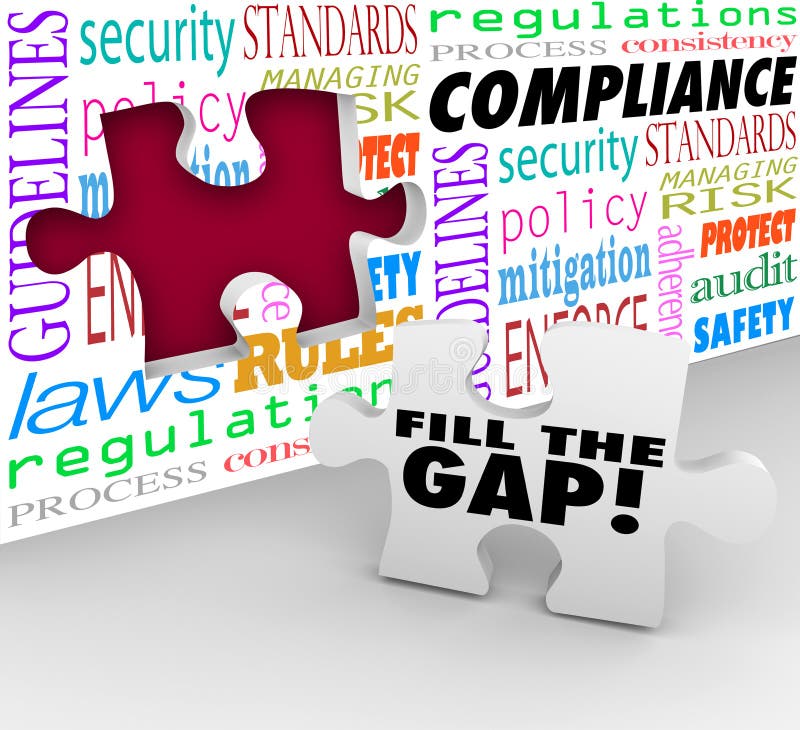 Fill the Compliance Gap Puzzle Wall Hole Follow Rules Laws Regulations royalty free illustration