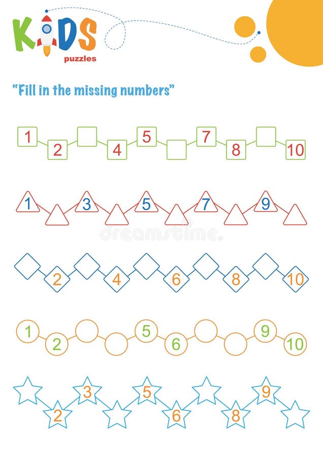 Fill in the missing numbers. Counting worksheet. Easy colorful math puzzles for preschool, elementary and middle school kids