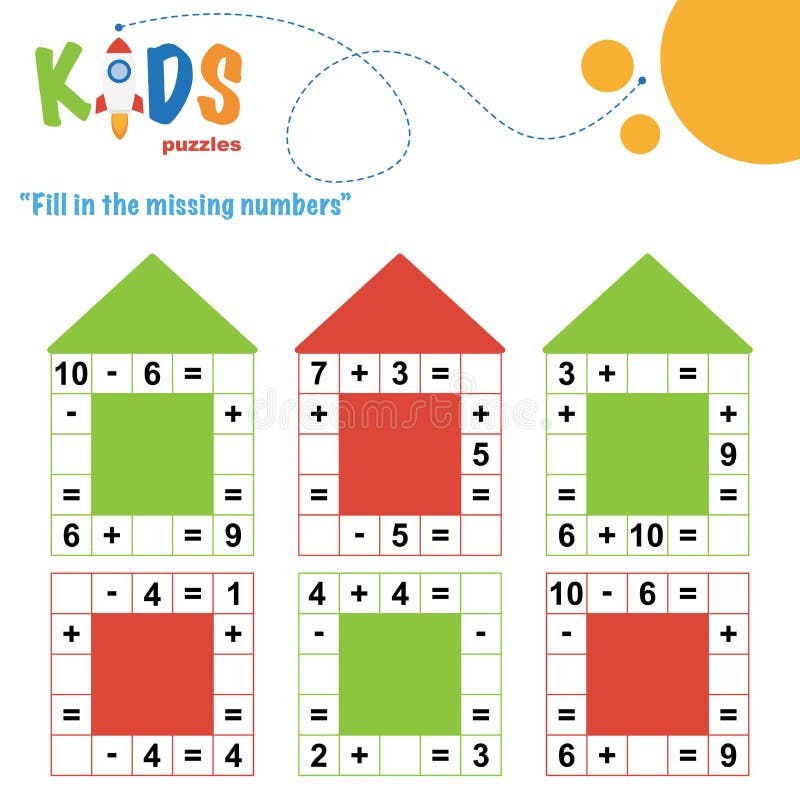 Fill in the missing numbers. Easy colorful math crossword puzzles for preschool, elementary and middle school kids