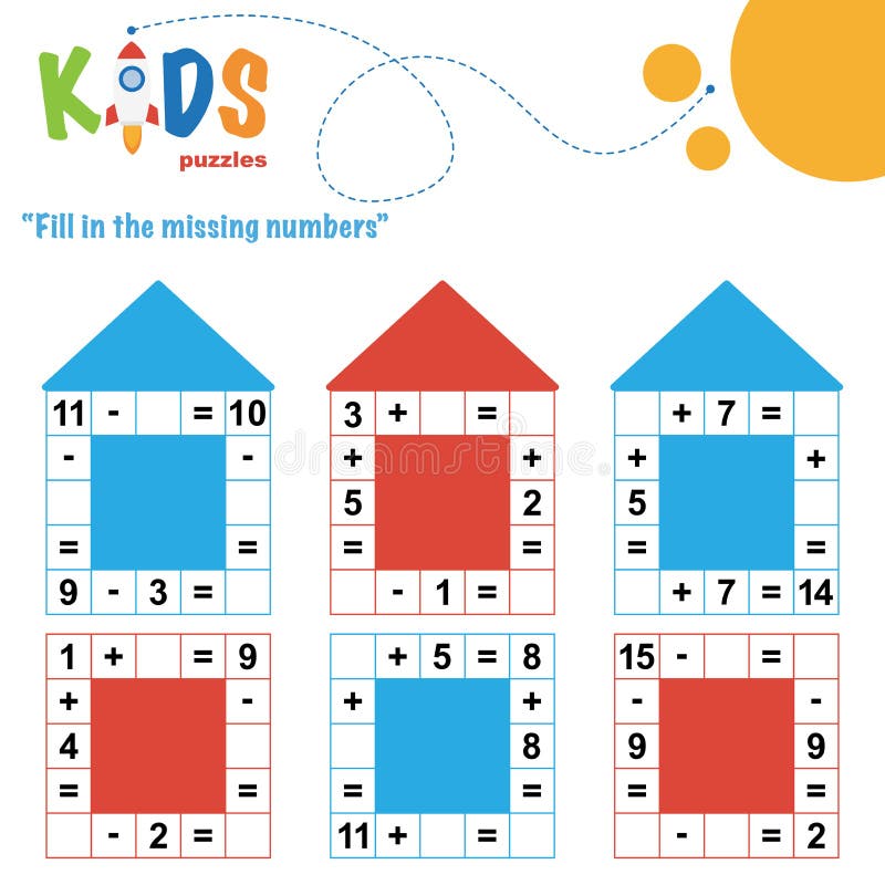 Fill in the missing numbers. Easy colorful math crossword puzzles for preschool, elementary and middle school kids