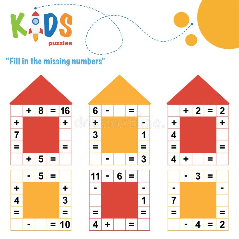 Fill in the missing numbers. Easy colorful math crossword puzzles for preschool, elementary and middle school kids