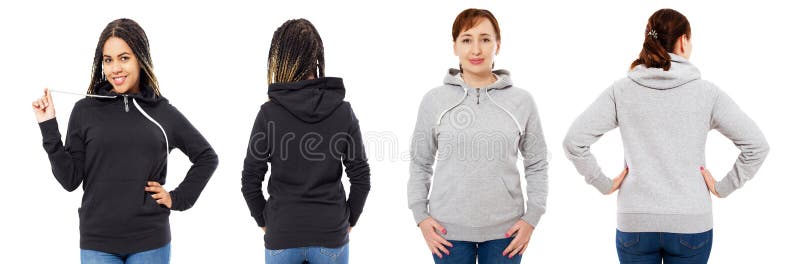 Fille afro-américaine élégante dans la moquerie noire de hoodie, belle femme dans l'avant gris d'ensemble de capot et vue arrière photos libres de droits Fille afro-américaine élégante dans la moquerie noire de hoodie, belle femme dans l'avant gris d'ensemble de capot et vue arrière photos libres de droits