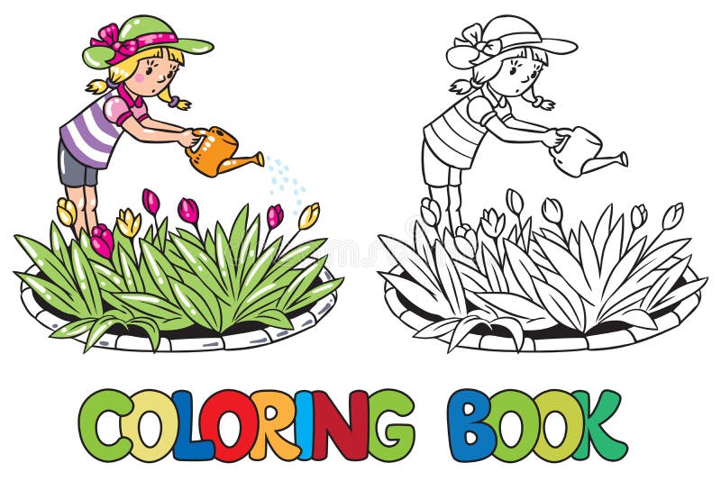 Fille arrosant les fleurs Livre de coloration illustration libre de droits Fille arrosant les fleurs Livre de coloration illustration libre de droits
