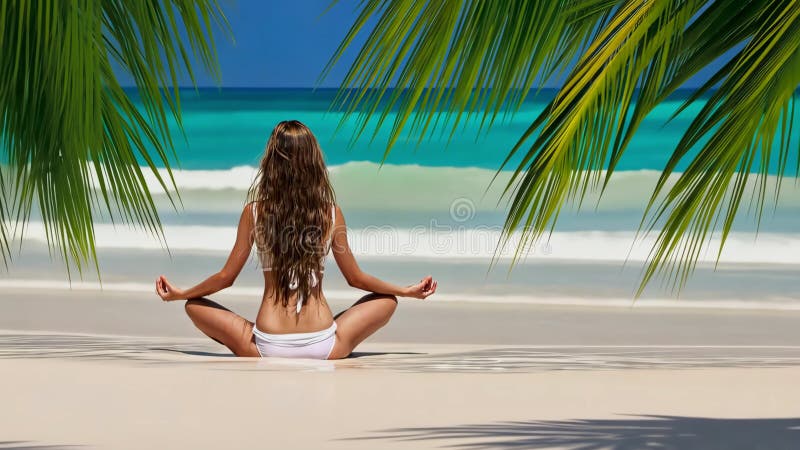 Fille assise en position lotus et méditant sur la plage tropicale. Vue arrière. Créé avec intelligence artificielle illustration stock