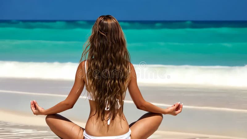 Fille assise en position lotus et méditant sur la plage tropicale. Vue arrière. Créé avec intelligence artificielle illustration de vecteur