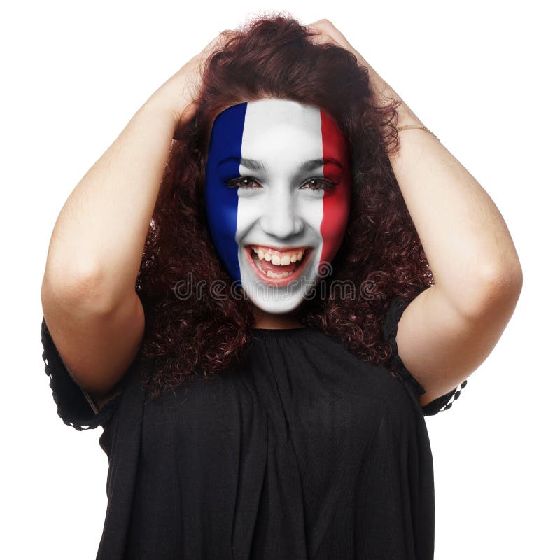 Fille avec la peinture française de visage de drapeau images libres de droits Fille avec la peinture française de visage de drapeau images libres de droits