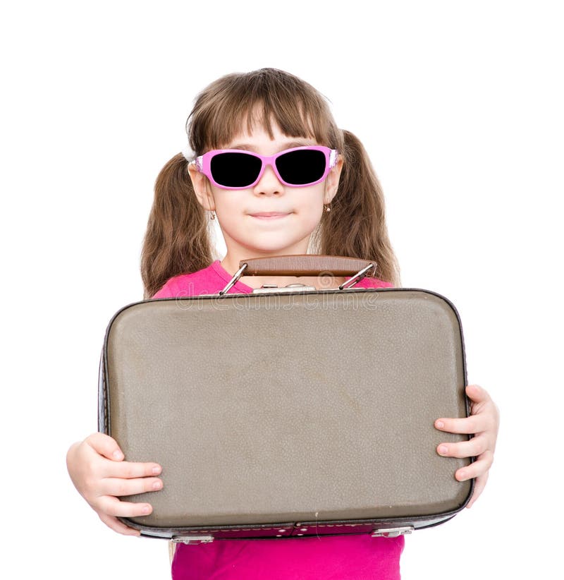 Fille avec la valise D'isolement sur le fond blanc images stock Fille avec la valise D'isolement sur le fond blanc images stock