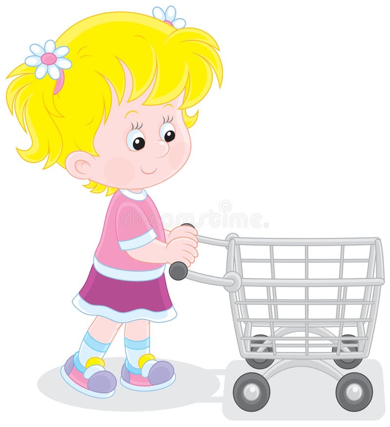 Little buyer going with a supermarket trolley filled with toys. Little buyer going with a supermarket trolley filled with toys