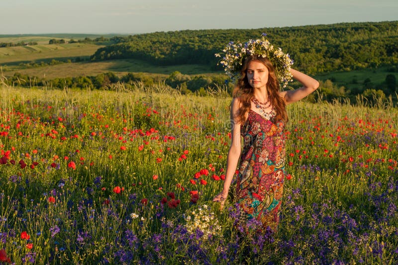 Fille avec une guirlande des fleurs Visage de belle fille ukrainienne photo stock Fille avec une guirlande des fleurs Visage de belle fille ukrainienne photo stock